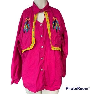 Vtg 90s Rodeo Western Wear Shirt Size Large Pink Embroidered Feathers Cowgirl